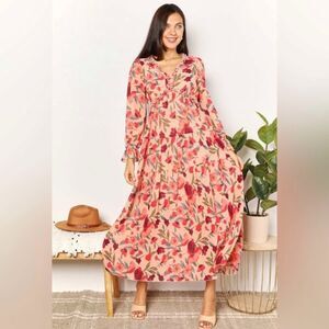 Double Take Floral Frill Trim Flounce Sleeve Plunge Maxi Dress Women's Size L
